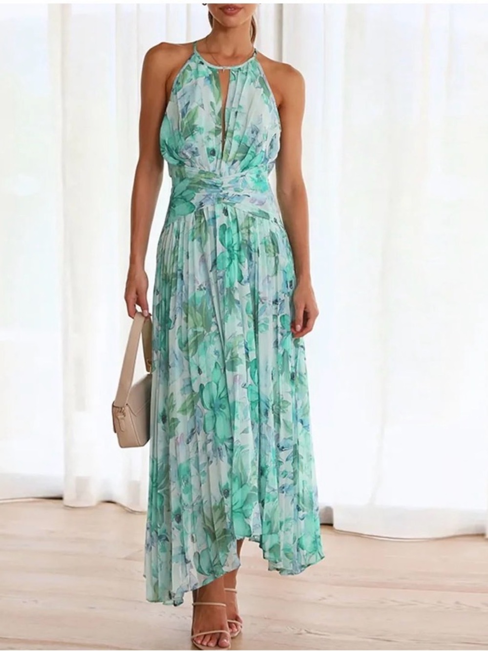 Floral Halter Maxi Dress in Mint Green